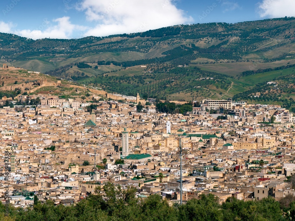 Views of the Old Medina of Fez seen from a nearby elevated view point on a sunny morning