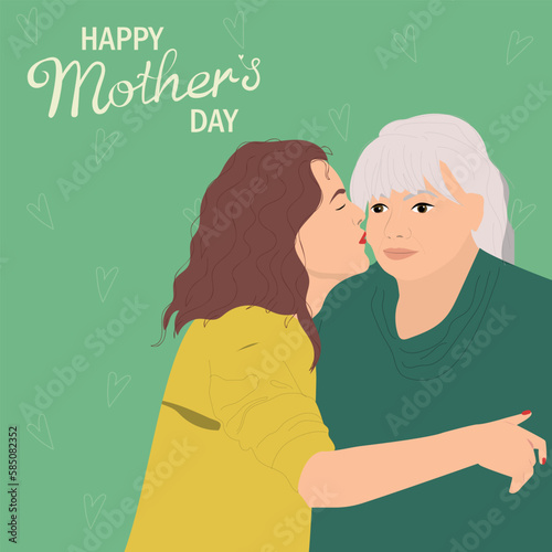 Adult daughter kissing her mother. Happy Mother's Day card. Vector illustration. Daughter's love concept