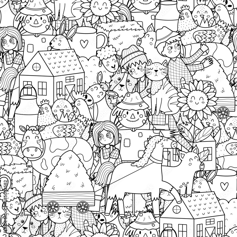 Doodle farm characters seamless pattern. Cute coloring page with animals and farmers. Outline background with horse, cow, pig, sheep, scarecrow. Vector illustration