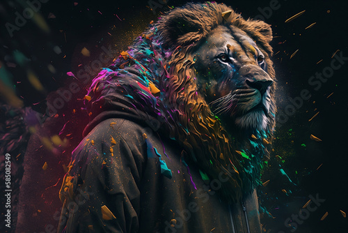 Lion in a scratchy hoody surrounded by a vivid color bomb explosion background, ultra-realistic rendering, ideal for colorful wall art, home décor, and gifts for animal lovers. Generative AI © ShadowHero