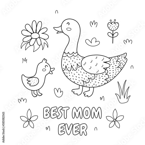 Best mom ever black and white print with a cute mother duck and her baby chick. Funny animals family coloring page for Mother’s Day. Vector illustration