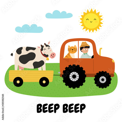 Beep beep print with cute boy and cat on a tractor carrying a cow. Summer green meadow card in cartoon style. Vector illustration