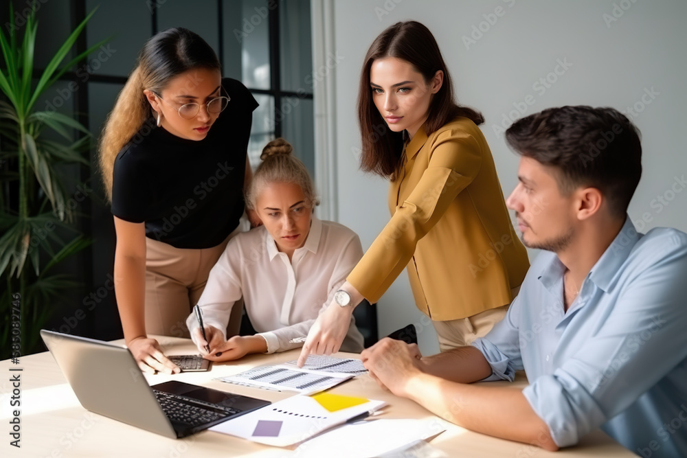 Diverse business team discussing project at meeting table sharing ideas. AI Generative