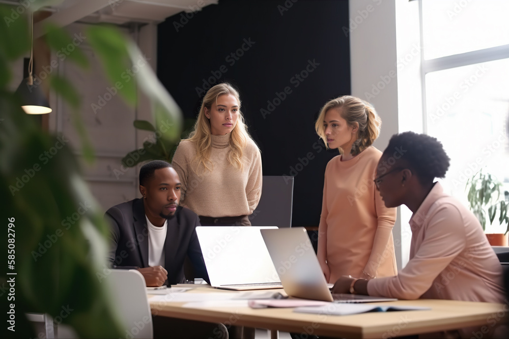 Confident boss cooperates with diverse team at office briefing, focused biracial business bosses meeting, collaborate to discuss business ideas with colleagues at meeting. AI Generative Confident boss cooperates with diverse team at office briefing, focused biracial business bosses meeting, collaborate to discuss business ideas with colleagues at meeting. AI Generative