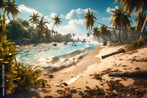 A sandy beach with crystal-clear water, palm trees swaying in the warm breeze, and the distant sound of seagulls