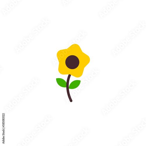 Sunflower with green leaves in flat style isolated on white background. Vector Illustration