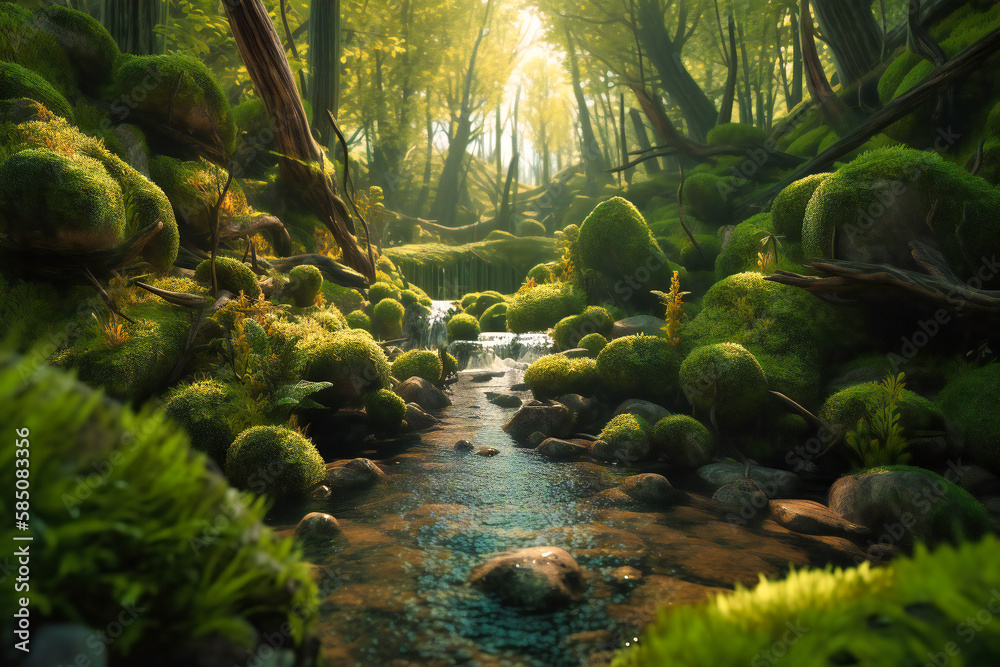 A babbling brook, meandering through a forest of tall trees and moss-covered rocks, the cool water providing a refreshing escape from the summer heat A babbling brook, meandering through a forest of tall trees and moss-covered rocks, the cool water providing a refreshing escape from the summer heat