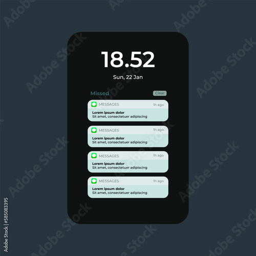 Notification screen UI Design. Notification Boxes Template for Iphone. Smartphone Message Interface. Vector illustration. Android. Smartphone. IMessages. We Chat. Line. Whatsapp. Samsung Galaxy