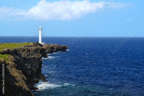 Cape Zanpa and Zampamisaki lighthouse in Okinawa Japan.