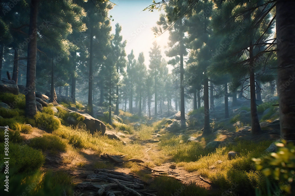 A dense forest of pine trees, with the scent of fresh pine needles and the sound of chirping birds creating a serene ambiance A dense forest of pine trees, with the scent of fresh pine needles and the sound of chirping birds creating a serene ambiance