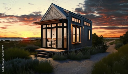 modern tiny house by sunset on the desert