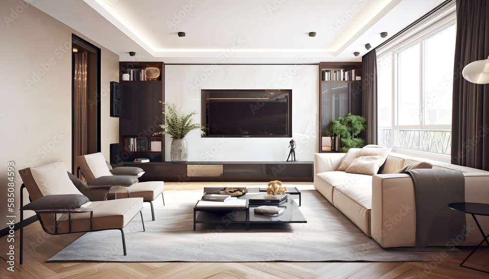 Fototapeta premium living room with furniture and flat screen tv, generative AI