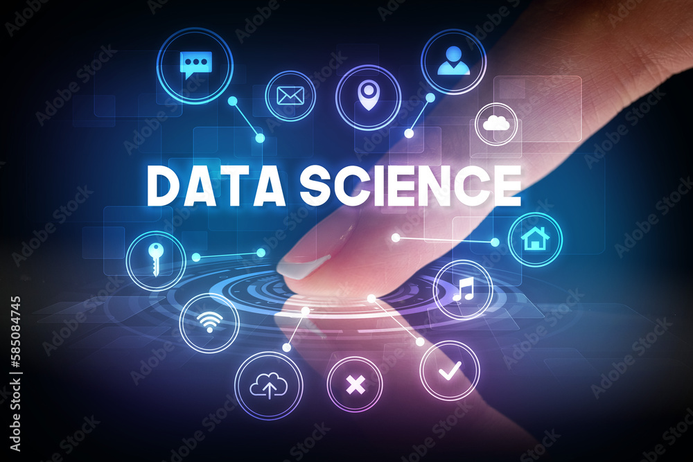 Finger touching tablet with web technology icons concept