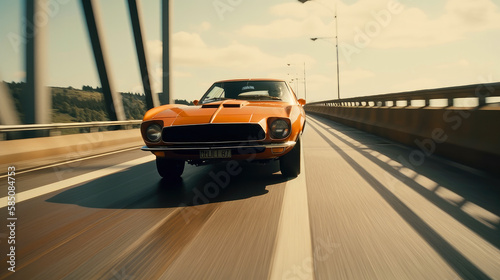 a beautiful cinematic 70s film still of a vintage american sports car falling from a tall bridge. ai generative