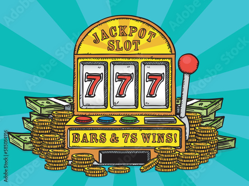 Vector illustration of jackpot machine, gold coins and money.