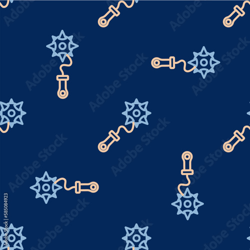 Line Medieval chained mace ball icon isolated seamless pattern on blue background. Morgenstern medieval weapon or mace with spikes. Vector