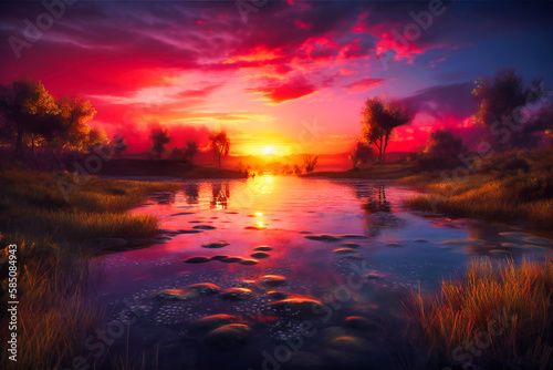 A colorful sunset over a calm lake, with the sky painted in shades of orange, pink, and purple, creating a breathtaking view