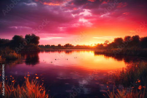 A colorful sunset over a calm lake, with the sky painted in shades of orange, pink, and purple, creating a breathtaking view