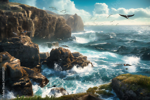 A cliffside overlooking the ocean, with seabirds soaring overhead and the sound of waves crashing on the rocks below
