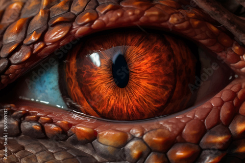 Red eye of Fantasy Dragon. Mythical creature. Macro. 3d vector illustration. Image. Digital painting