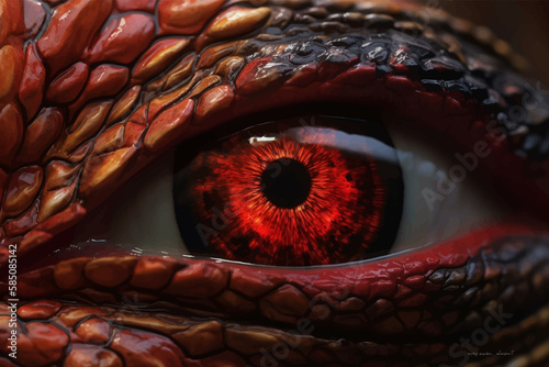 Red Eye of a dragon, close-up view. Mythical creature. 3d vector illustration. Image. Digital painting