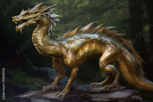 Fantasy golden dragon on a dark background. Full body. Fabulous Monster. Ancient reptile. Vector illustration. 3D Digital painting