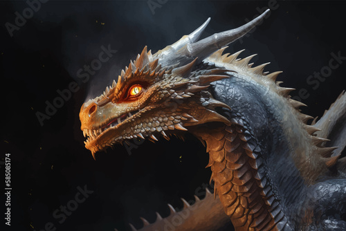 Dragon head with fiery eyes close-up. On black background. Mythological creatures. Fantasy monster. Ancient reptile. Vector illustration. 3d rendering. Digital painting © Zakhariya