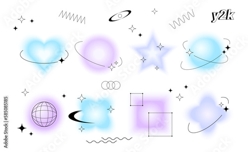 Set of vector blurry figures and shapes with retro Y2K frames with stars and square technological borders.