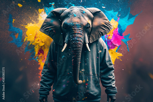 Elephant in a scratchy hoody surrounded by a vivid color bomb explosion background, ultra-realistic rendering, ideal for colorful wall art, home décor, and gifts for animal lovers. Generative AI