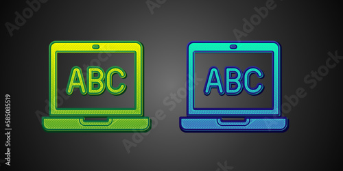 Green and blue Laptop icon isolated on black background. Computer notebook with empty screen sign. Vector