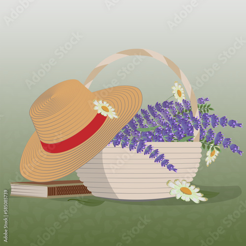 Summer picnic. Basket of lavender and daisy, straw hat and a book, green background. Vector illustration.