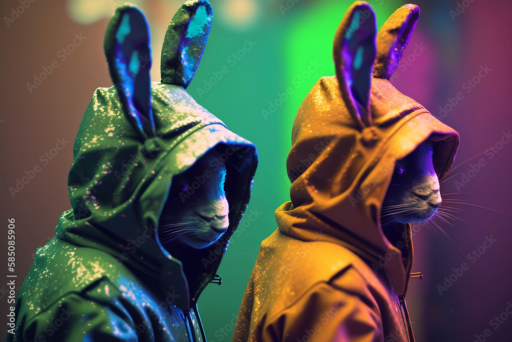 Rabbits in a scratchy hoody surrounded by a vivid color bomb explosion background, ultra-realistic rendering, ideal for colorful wall art, home décor, and gifts for animal lovers. Generative AI Rabbits in a scratchy hoody surrounded by a vivid color bomb explosion background, ultra-realistic rendering, ideal for colorful wall art, home décor, and gifts for animal lovers. Generative AI