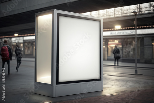 public shopping center mall or street shops advertisement board space as empty blank white mockup signboard with copy space area - Generative AI