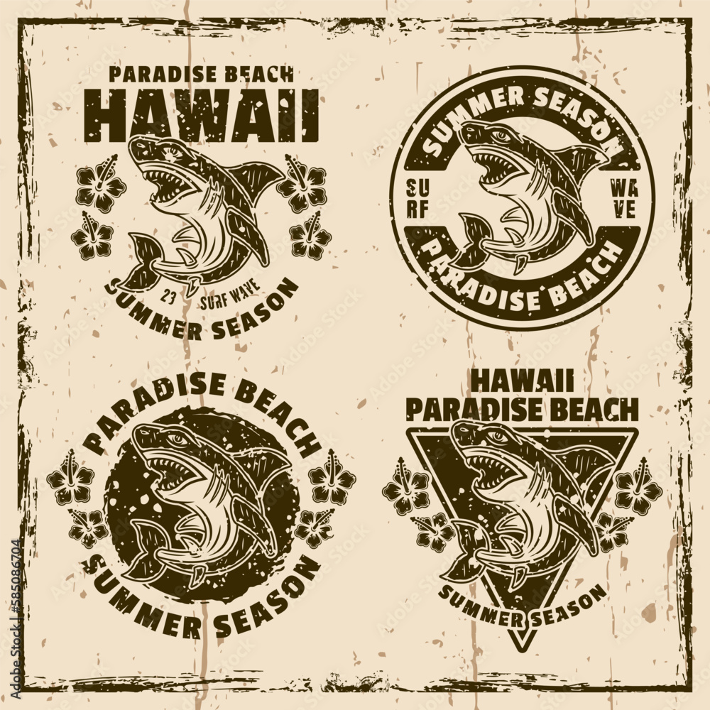Obraz premium Hawaii paradise beach set of vector emblems, labels, badges or logos. Illustration on background with grunge textures
