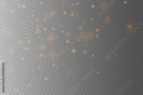 Gold glitter. Magic glowing elements. Bright golden sparks and bokeh. Abstract stardust effect. Glowing particles for banner or poster. Vector illustration.