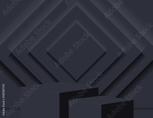 3D podium for product display and the background scene, minimalist style, black and gray tones, display stand, studio for product presentation.