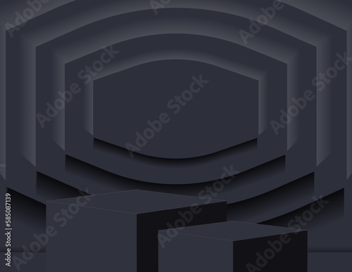 3D podium for product display and the background scene, minimalist style, black and gray tones, display stand, studio for product presentation.