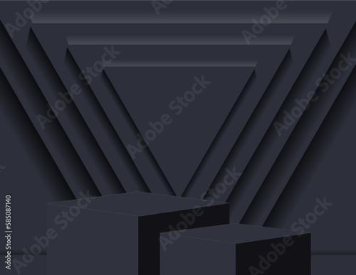 3D podium for product display and the background scene, minimalist style, black and gray tones, display stand, studio for product presentation.
