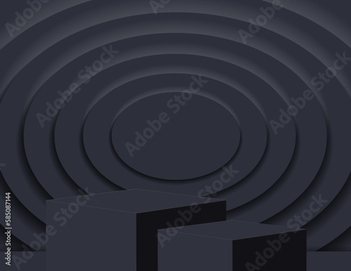 3D podium for product display and the background scene, minimalist style, black and gray tones, display stand, studio for product presentation.