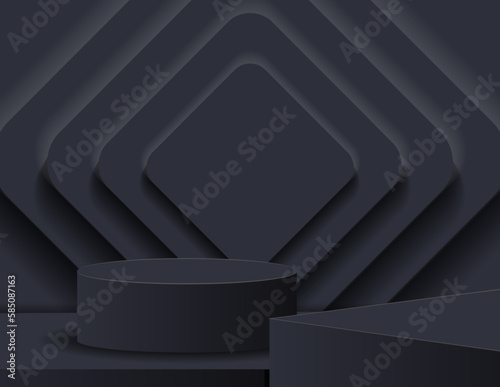 3D podium for product display and the background scene, minimalist style, black and gray tones, display stand, studio for product presentation.