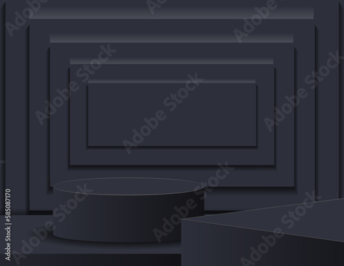 3D podium for product display and the background scene, minimalist style, black and gray tones, display stand, studio for product presentation.