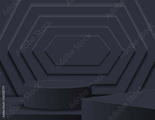 3D podium for product display and the background scene, minimalist style, black and gray tones, display stand, studio for product presentation.
