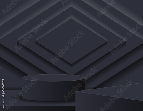 3D podium for product display and the background scene, minimalist style, black and gray tones, display stand, studio for product presentation.