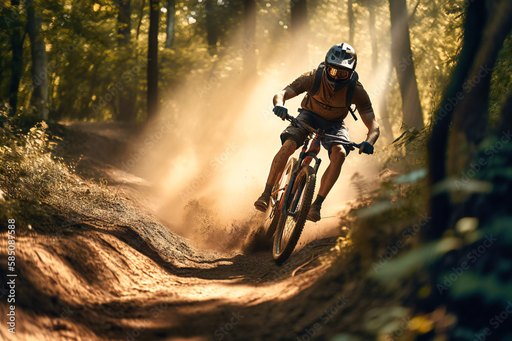 A mountain biker racing down a dirt trail on a sunny day