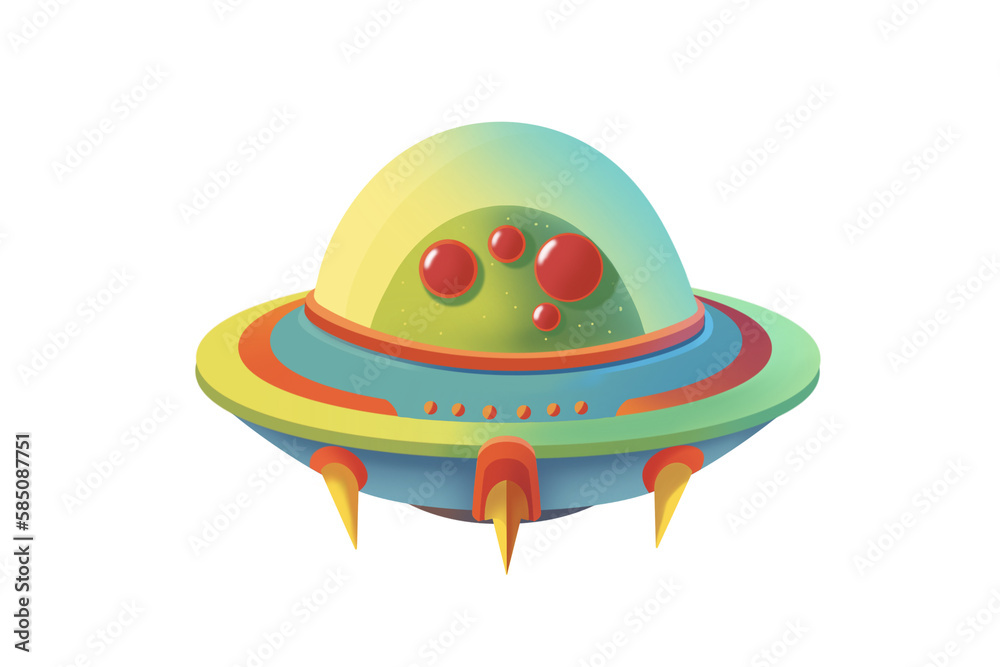 Cartoon UFO spaceship illustration. Futuristic flying saucer with alien inside in retro style. Colorful UFO PNG on transparent background. Cartoon UFO spaceship illustration. Futuristic flying saucer with alien inside in retro style. Colorful UFO PNG on transparent background.