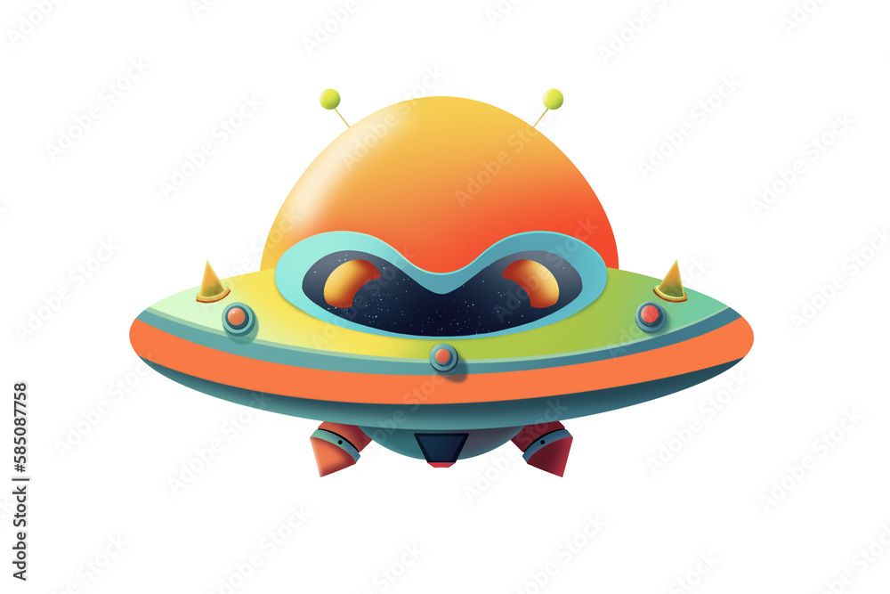 Cartoon UFO on transparent background. Fantastic spaceship colorful illustration. Flying saucer with anten