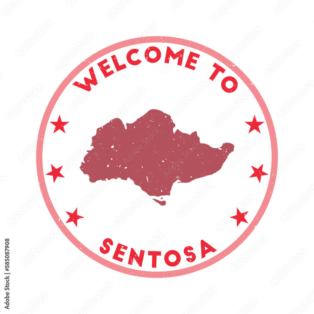 Welcome to Sentosa stamp. Grunge island round stamp with texture in Imperial Red color theme. Vintage style geometric Sentosa seal. Stylish vector illustration. Welcome to Sentosa stamp. Grunge island round stamp with texture in Imperial Red color theme. Vintage style geometric Sentosa seal. Stylish vector illustration.