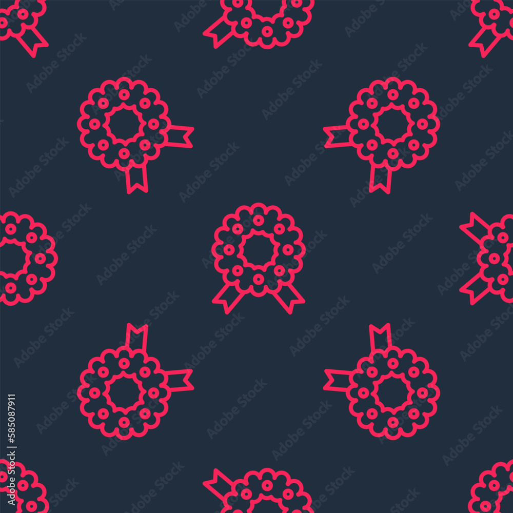 Red line Christmas wreath icon isolated seamless pattern on black background. Merry Christmas and Happy New Year. Vector Red line Christmas wreath icon isolated seamless pattern on black background. Merry Christmas and Happy New Year. Vector