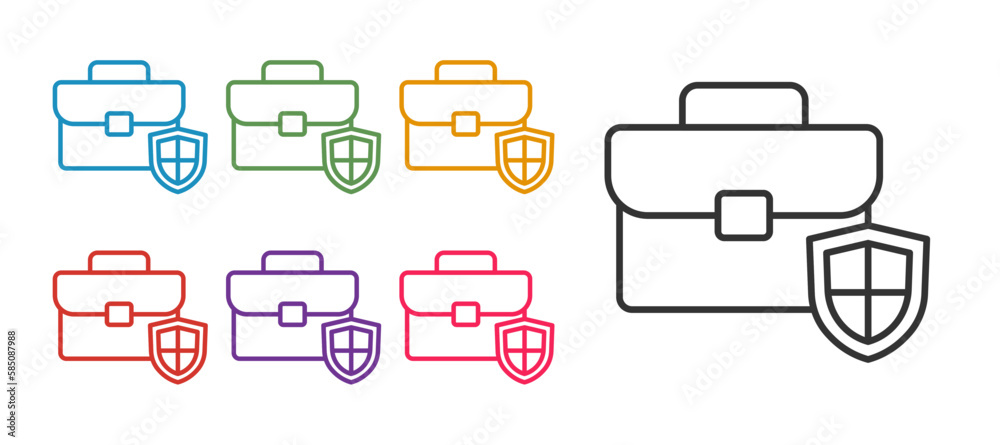 Set line Briefcase with shield icon isolated on white background. Insurance concept. Security, safety, protection, protect concept. Set icons colorful. Vector Set line Briefcase with shield icon isolated on white background. Insurance concept. Security, safety, protection, protect concept. Set icons colorful. Vector