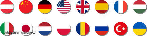 Round Flag Icon Set of Austria China Germany USA UK Spain France Hungary Italy Japan Netherlands Poland Romania Russia Turkey Ukraine Flag Button Symbol with 3D Shadow Effect. Vector Image.